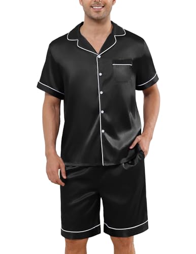 Image of Veseacky Mens Silk Satin Pajamas Set Short Sleeve Sleepwear Button-Down Pjs Sets Two-Pieces Loungewear with Pockets S-XXL
