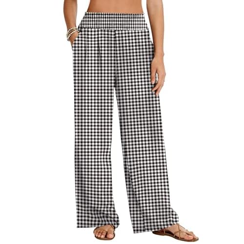 LOMON Womens Elastic High Waisted Palazzo Pants Casual Wide Leg Long Beach Vacation Trousers with Pockets Black White Plaid X-Large