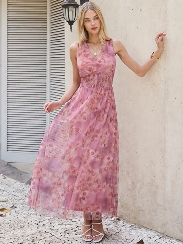 Image of ANRABESS Women's Floral Tulle Wedding Guest Maxi Dress | V Neck Sleeveless,A-Line Elastic Waist,Casual Flowy Formal Boho,Bridal Shower Garden Party Beach Vacation,Summer Fall