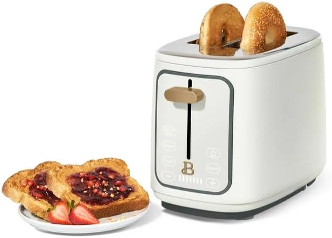 Beauti 2 Slices Toaster with Touch Activated Display, 900 W, Bagel/Frozen/Reheat Presets, Wide Slots, Easy Cleaning (White Icing)