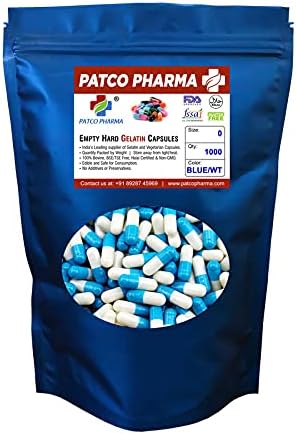 Patco Pharma- Size 0 Blue/White Empty Gelatin Pill Capsule - Gluten Free Halal Certified for DIY Powder Filling (Pack of 1000)