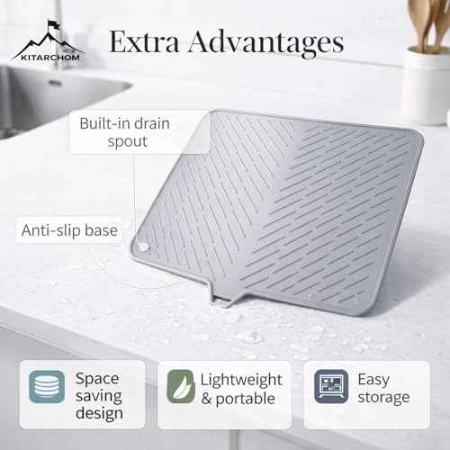 Image of Large Silicone Dish Drying Mat for Kitchen Sink with Drain Lip | Dry Mat for Kitchen Utensils | Silicone Mat for Kitchen Sink, Sink Organizer & Dish Drying Pad 42x32 cm (Grey)