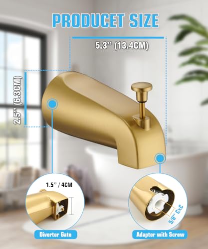 FROPO Tub Spout with Diverter, Slip On Bathtub Spout Fits 1/2\'\' Copper Tube(5/8\'\' Dia), Bathroom Tub Faucet with PTFE Tape & Hex Wrench, Brushed Gold - Thumbnail 5