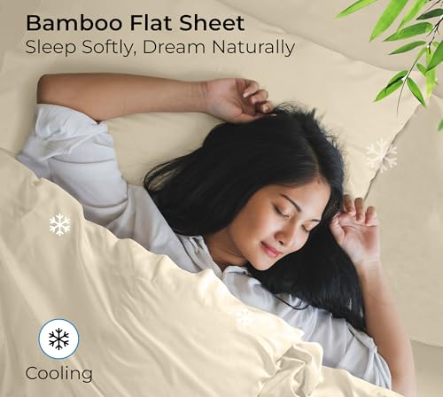 Image of Royale Linens Bamboo Viscose Full Flat Sheets Only - Cooling Sheets - Organic Viscose Derived from Bamboo - Full Size Flat Sheet Only - Top Sheet - Breathable & Silky Bedding (Full, Sand)