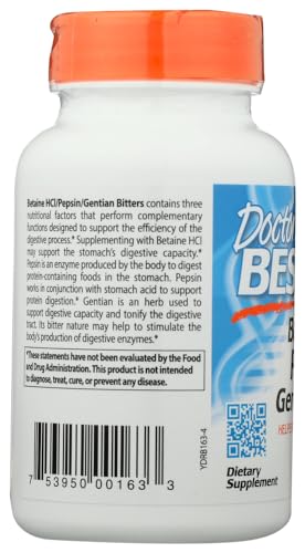 Doctor's Best Betaine HCI Pepsin & Gentian Bitters, Digestive Enzymes for Protein Breakdown & Absorption, Non-GMO, Gluten Free, 120 Caps, Original Version - Thumbnail 2