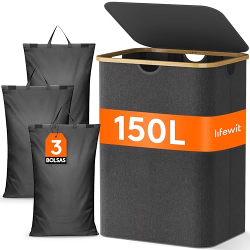 Lifewit 150L Cesto Ropa sucia con Tapa, Grande Cesto para la Ropa sucia, Cubo ropa sucia, 3 Compartimentos, clasificador de Ropa con Asas de bambú y 3 Bolsas para la colada extraíbles, Gris Oscuro