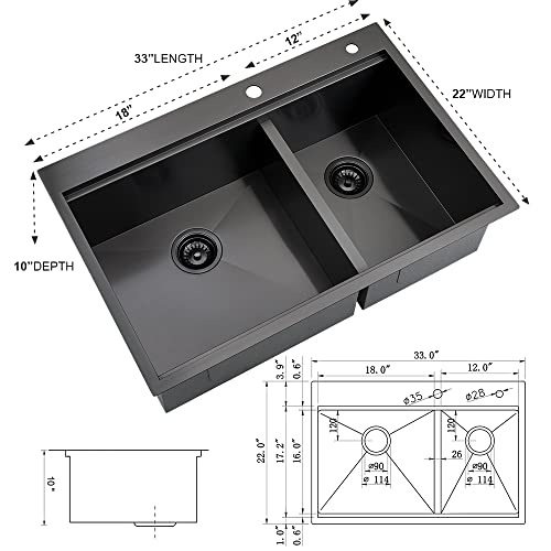 33 Black Drop In Double Bowl Kitchen Sink-Ianomla 33X22 Double Bowl Topmount Kitchen Sink Workstation 16 Gauge 60/40 Low Divide Double Bowl Matte Black Stainless Steel Kitchen Sink #TOP4