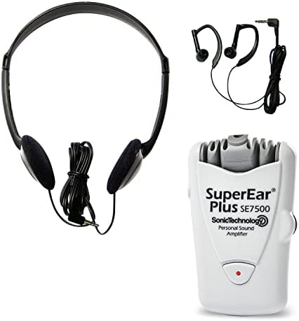 SuperEar Plus SE7500 Personal Sound Amplifier (PSAP), Pocket Sound Amplifier, Headphones & Discreet Earbuds w/Auto Shut off & Case, On/Off Volume Control for Adults, Audiologists, Seniors