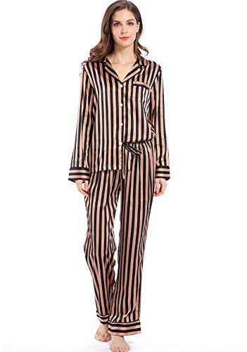 Image of Serenedelicacy Women's Satin Pajama Set Long Sleeve Button Down Sleepwear 2-Piece Silky Pj Set