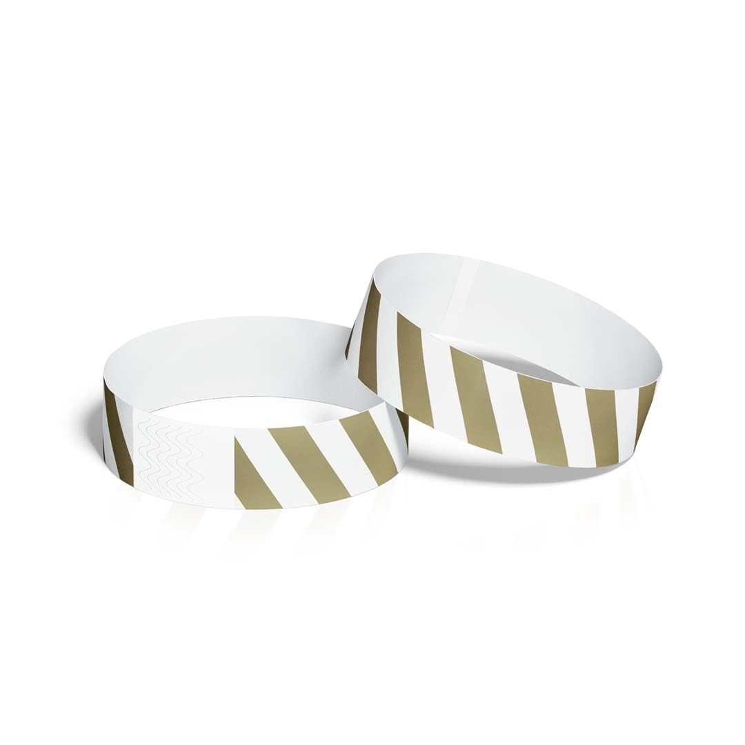 ID&C Striped Tyvek Paper Event Wristbands – 100 Numbered Tamper Proof Security Wristbands for Events, Festivals & Event Entry – Gold and White Stripe