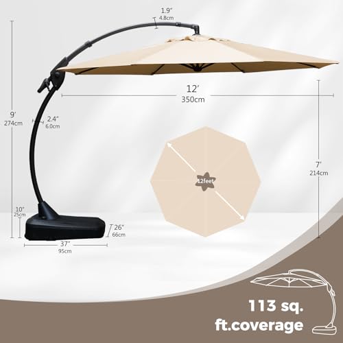 Image of Grand patio 12FT Sunbrella Cantilever Round Umbrella with Base, Flax