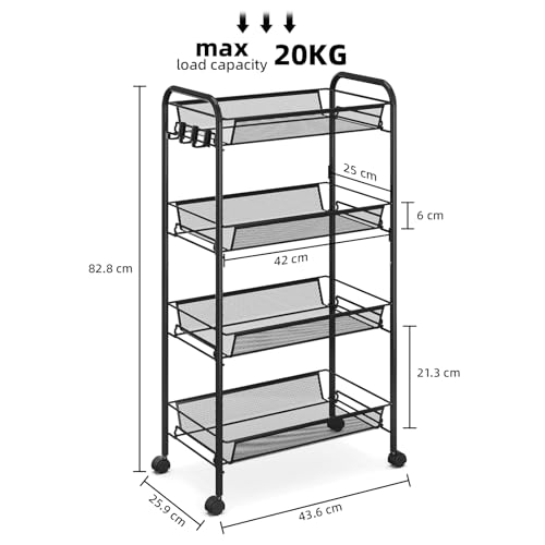 APEXCHASER 4-Tier Rolling Cart,Easy Assemble Mobile Storage Trolley On Wheels,Slide Out Utility Cart Shelving Units Kitchen Bathroom Laundry Room,Black - Image 3