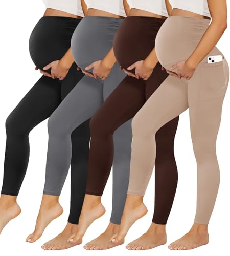 Happy.angel 2/3/4 Pack Maternity Leggings with Pockets Over the Belly, Womens Black Workout Yoga Pregnancy Pants