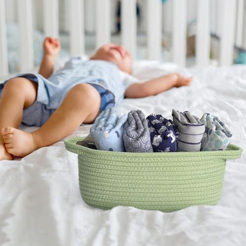 Image of Small Woven Gift Basket, Baskets for Gifts Empty, Cotton Rope Cat Dog Toy Bin Box, Nursery Baby Basket, Wicker Basket with Handles, Shelf Storage Basket for Home Decor, Green, 12 inchx 8 inchx 5 inch