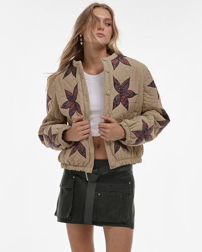 Locachy Women's Casual Cropped Puffer Jacket Lightweight Flower Embroidery Winter Warm Quilted Jacket Coat with Pockets3