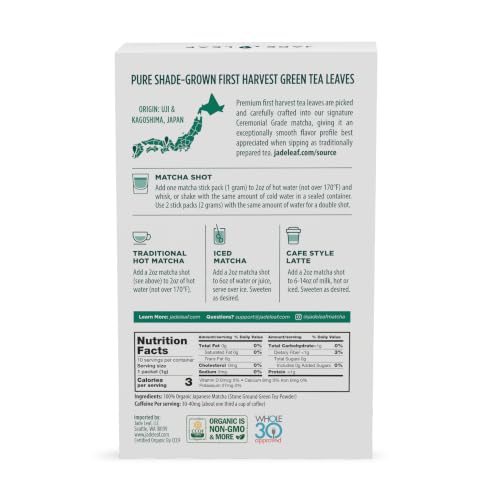 Image of Jade Leaf Matcha Organic Ceremonial Grade Matcha Powder - On The Go Packets for Lattes, Smoothies, Usucha, 10 Count (0.04 Ounce Packets)