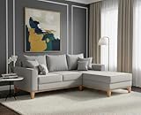 Sofá Beny com Chaise Direita, 2,00x1,40m, 3 Lugares, Linho, Base em Madeira. (Cinza)