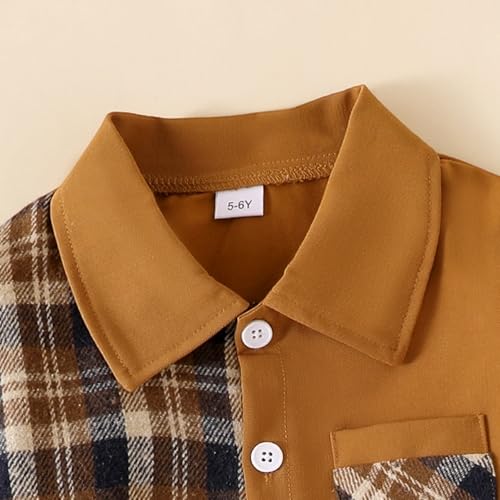 Image of Boy Clothes Fall Winter Outfits Long Sleeve Plaid Patchwork Button Down Shirt + Casual Pocket Sweatpants 5-14 Years