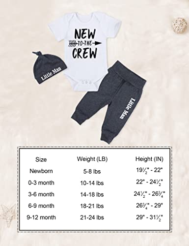 Fommy Newborn Baby Boy Clothes New To The Crew Letter Print Short Sleeve Romper+Long Pants+Little Man Hat 3Pcs Outfits Set Newborn #TOP5