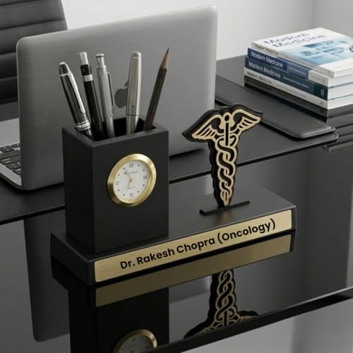 Image of Giftana Personalized Doctor Pen Stand with Name & Clock | Wooden Desk Organizer with Doctor Emblem (Caduceus Symbol) | Customized Pencil Holder for Doctors, Medical Students | Birthday Gifts