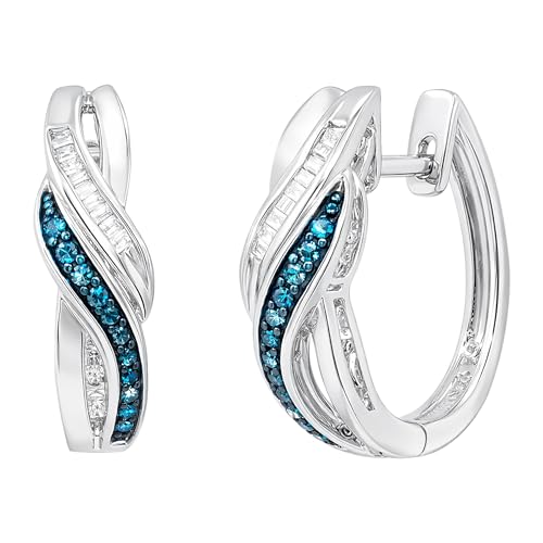 Dazzlingrock Collection Ladies Infinity Swirl Ribbon Huggies Hoops Earrings with Round Blue & Baguette White Diamond Accents, 925 Sterling Silver