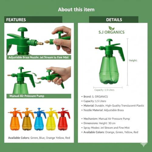 Image of SJ Organics Hand Pressure Garden Sprayer Pump | 1.5 Litre Capacity | Adjustable Brass Nozzle (Jet & Mist) | Manual Sprayer for Plants, Gardening, Cleaning & Pest Control (Multicolor)