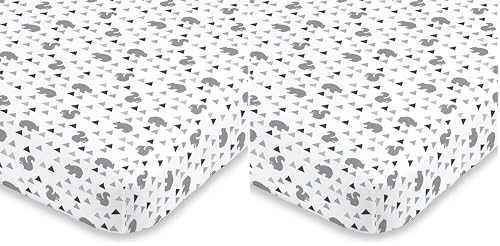 Image of NoJo Mountain Patchwork 100% Cotton Fitted Crib Sheet, Grey /Denim /Slate Blue /White (Pack of 2)