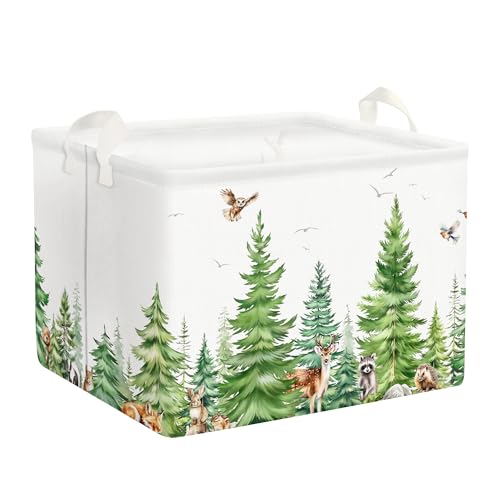 Image of Clastyle Large Watercolor Pine Tree Animal Storage Basket Rectangle Deer Owl Woodland Nursery Decor Basket Hedgehog Raccoon Clothes Toy Book Shelf Basket Baby Nursery Bedroom Living Room Bin