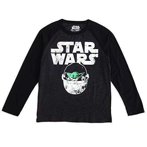 STAR WARS Boy's The Child Baby Yoda Grogu Cute Long Sleeve Graphic T-Shirt, Charcoal Heather/Black, XL
