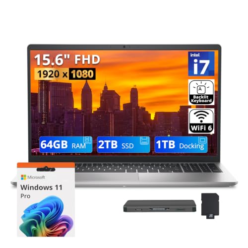 Image of Dell 15.6 inch FHD Business Laptop, Intel 10-core i7-1355U up to 5GHz, 64GB DDR5 RAM, 3TB Storage (2TB SSD+1TB Docking Station), Intel UHD Graphics, Backlit Keyboard, Wi-Fi 6, Windows 11 Pro, Silver