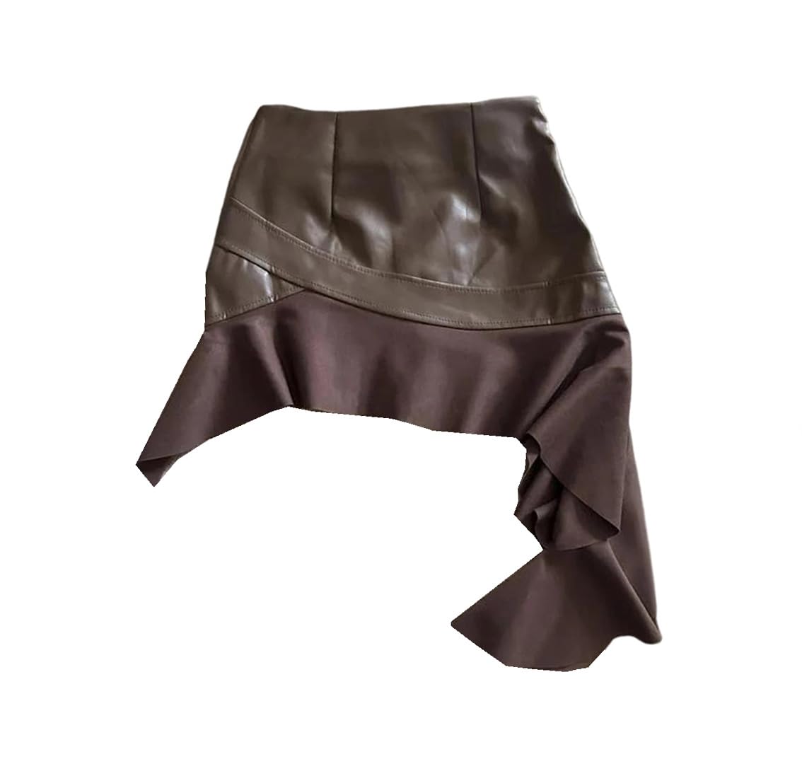 Kelsiop Minifalda corta de piel sintética para mujer, color negro, gris, marrón, cintura alta, irregular, con volantes