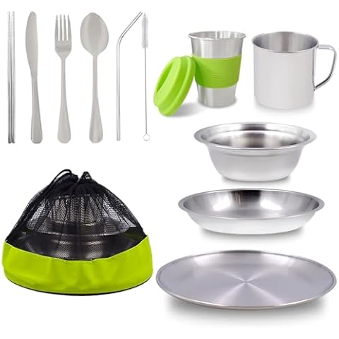 Acelane Camping Mess Kit Camping Plates Dishes Stainless Steel Camping Utensils Set Tableware Dinnerware with Bowls Cups Cutlery 1-2 Person for Backpacking, Hiking, Picnic, BBQ, RV Travel Cover