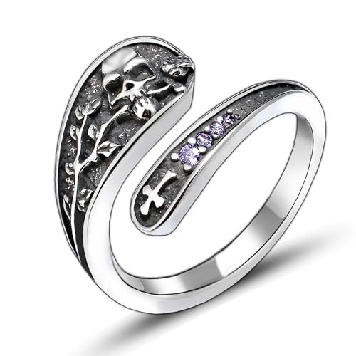 QOBEBOTA Vintage Silver Rings Gothic Jewelry Y2K Punk Black Skull Ring emo Ring Grunge Accessories Adjustable Cross Rings Gifts for Women Skull and Rose Statement Goth Rings for Women