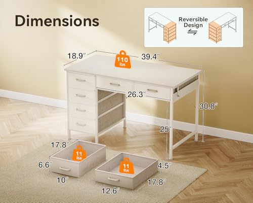 ODK Computer Desk with 6 Drawers, 40 Inch Small Desk with Storage, Reversible Desk with Headphone Hook for Home Office, Work Study Table for Bedroom, White - Image 4