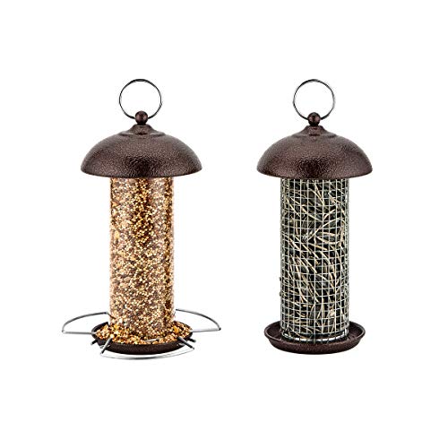 iBorn Bird Feeder Mini Feeder with Hanger for Wild Birds Seed Feeder Peanut Feeder, Mixed Seed Blends, Anti-UV Cooper Paint-Finishing, Pack of 2 (Mini Seed & Nut Feeders)