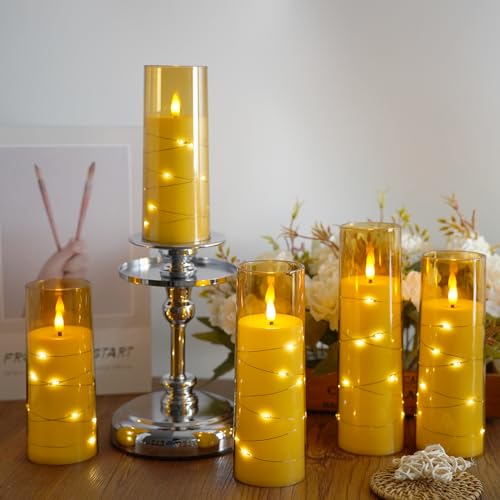 Image of Flameless Candles,with Embedded Star String, Battery Operated Candles Flickering LED Pillar Candles with Remote Control and Timer, Home Decoration Add a Warm and Romantic Atmosphere,Set of 7 (Gold)