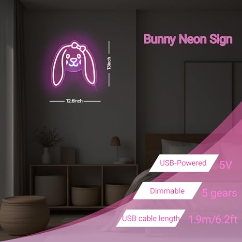 Image of Bunny Neon Sign, Bunny LED Sign for Wall Decor, Birthday Gifts, Bedroom Home Decorations, 13 inch x 12.6 inch, Dimmable, USB Powered, Pink