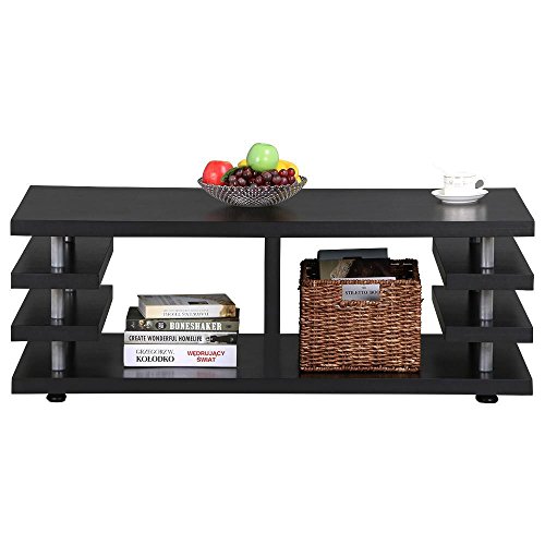YAHEETECH Modern Black Wood Coffee Table Iron Tube Legs Multi Tier Design with Storage Shelf Living Room Furniture