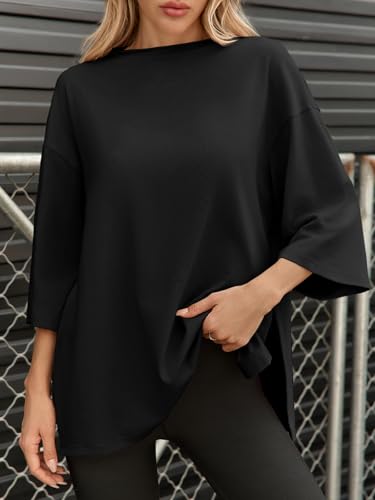 Fisoew Womens Oversized T Shirts Casual 3/4 Sleeve Side Slit Workout Gym Loose Fit Summer Tee Tunic Tops2