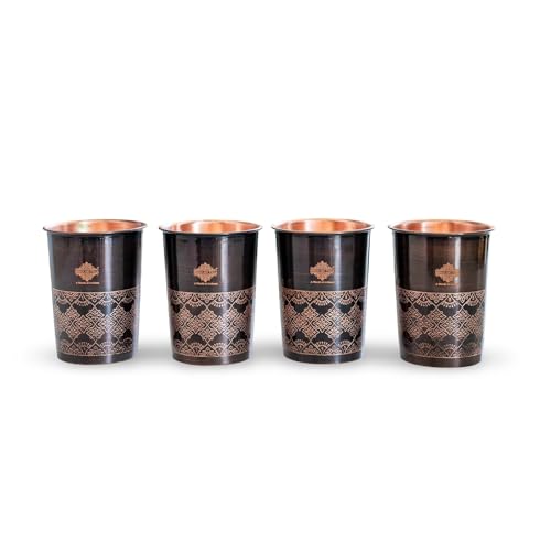 Image of INDIAN ART VILLA Copper Antique Dark Embossed Drinking Glass, Pure Copper Ayurvedic Water Tumbler for Home, Office, Restaurant Use, Traditional Drinkware Gift Item, 275 ML, Set of 4