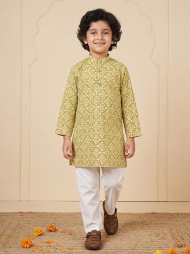 Image of AJ DEZINES Boys Cotton Full Sleeve Printed Kurta Pajama Set for Kids - Ethnic wear | Special Occasion & Traditional Outfit |Boys Kurta Pyjama Set - Regular Fit