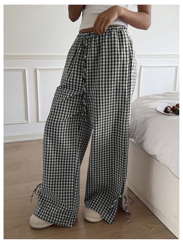 Verdusa Women's Preppy Gingham Plaid Baggy Pants Streetwear Y2k Bowknot Long Trousers with Pockets4