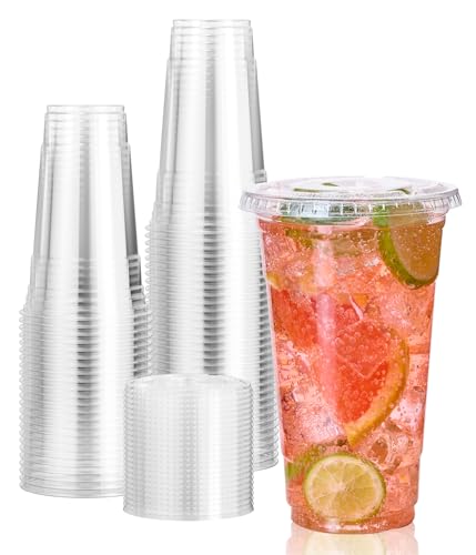 Vplus 140 Pack 24 OZ PET Clear Disposable Plastic Cups with Lids for Juice