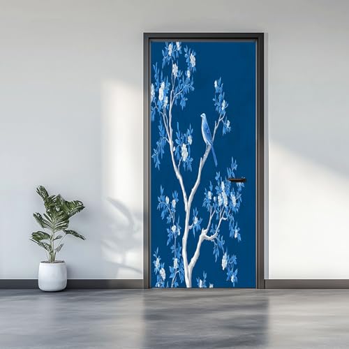 Door Sticker 80 x 200 cm, Animals Birds Trees Wall Mural Home Decoration for Bedroom Living Room, Removable Poster Art, Peel and Stick Self-Adhesive Poster Wallpaper, Navy Blue