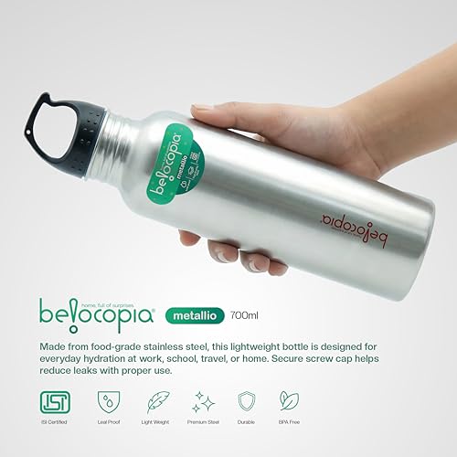 Image of Belocopia Metallio ClipSip Stainless Steel Water Bottle 700ml | Sports & Fridge Bottle | Lightweight, BPA Free | Clip Cap, Leak-Resistant | For Home, Office, Gym & Travel