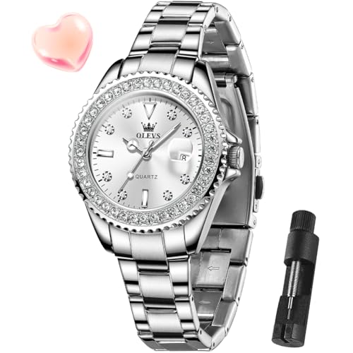 Montre femme argent et cuir OLEVS avec dateur et strass élégants