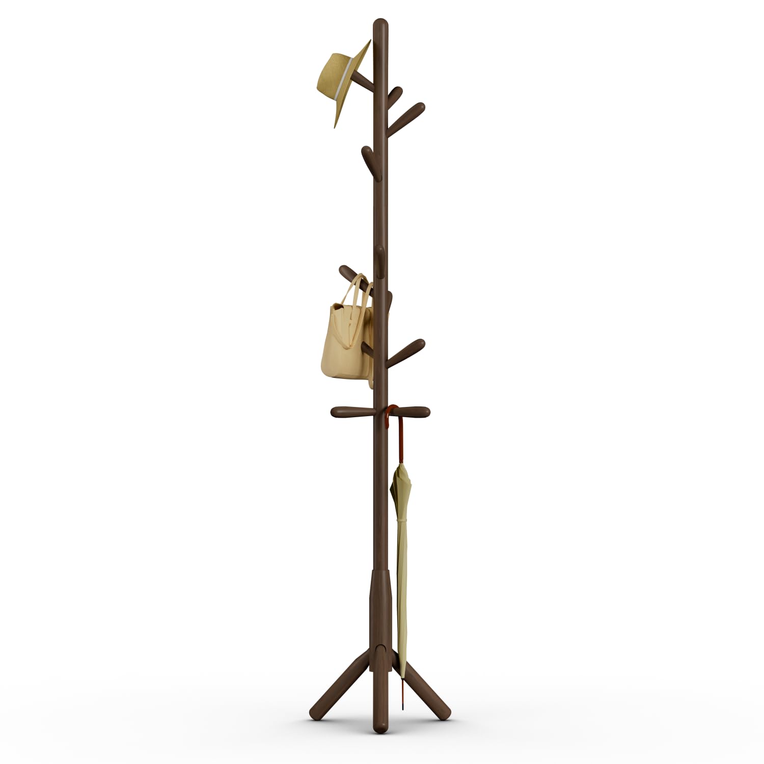 Solid Wood Coat Rack, Freestanding Tree-Shaped Coat Rack with 11 Hooks, Main Pole 1.6" dia,for Clothes, Hat Stand Used in Bedroom/Office/Entryway (3-Leg Base, Dark Walnut)