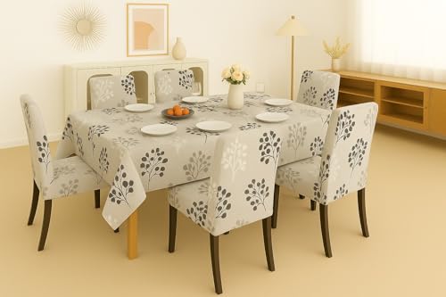 Image of Homerz Premium 6 Seater Dining Table Cloth with 6 Dining Chair Covers,Elastic Fitted Chair Slipcovers, Printed Polycotton Fabric, Table Cloth Size 60x90 inch (Flora)