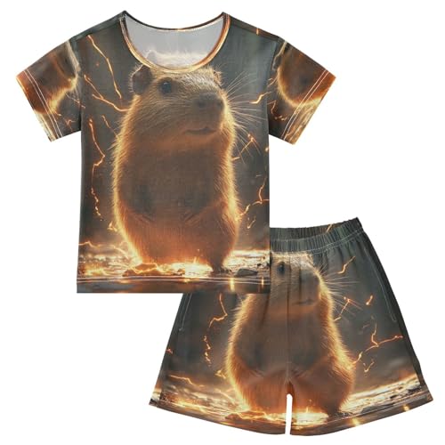 Pajama Sets Short Sleeve Glowing Capybara with Sparks Soft Cotton Summer Sleepwear 2 Piece PJS Size 5-14T