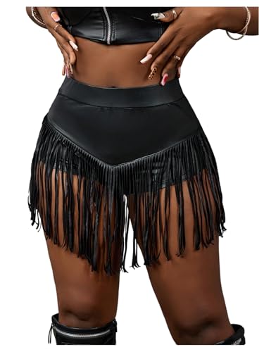 BEAUDRM Women's Tassel PU Leather Mini Shorts Fringe High Waisted